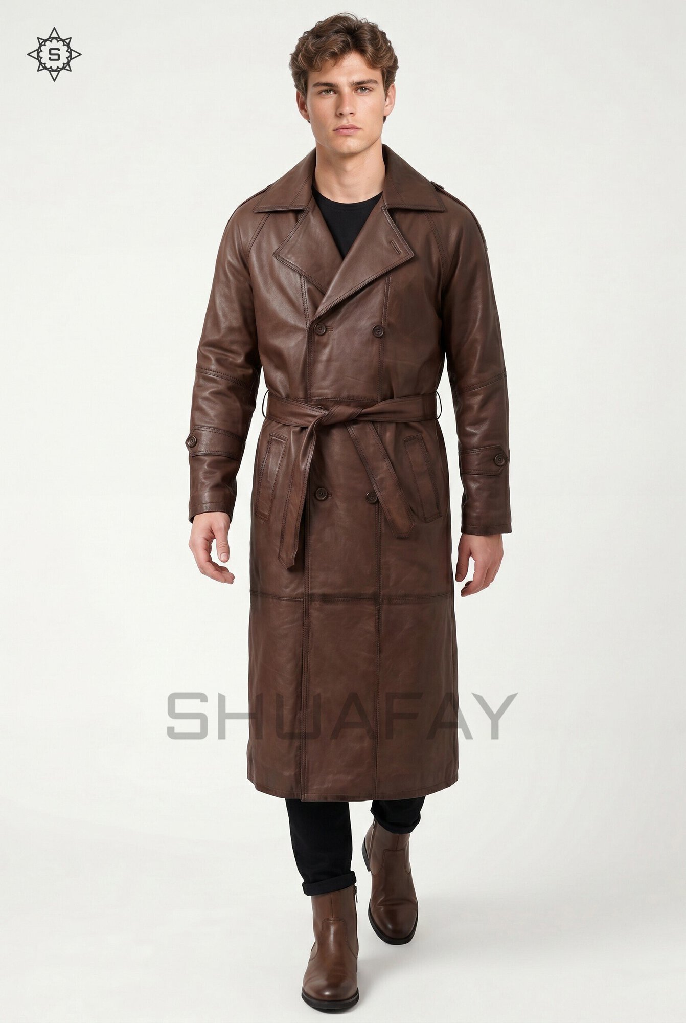 Gothic Luxe Leather Trench Coat Men Dark Brown Front