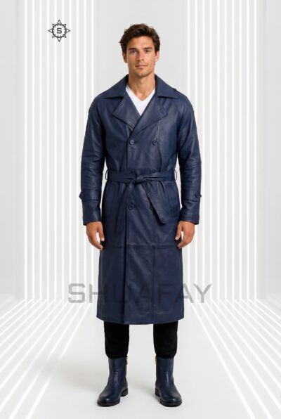 Gothic Luxe Leather Trench Coat Men Navy Front