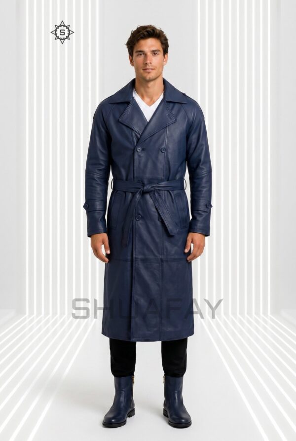 Gothic Luxe Leather Trench Coat Men Navy Front