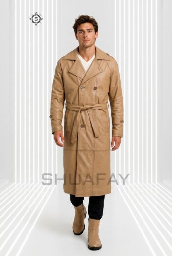 Gothic Luxe Leather Trench Coat Men Tan Front