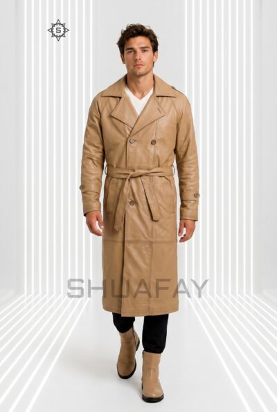Gothic Luxe Leather Trench Coat Men Tan Front
