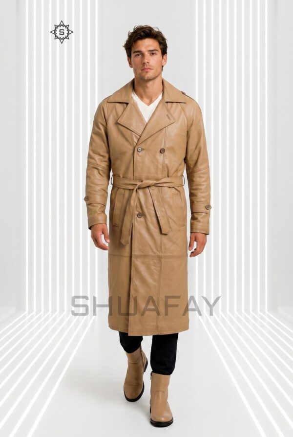 Gothic Luxe Leather Trench Coat Men Tan Front