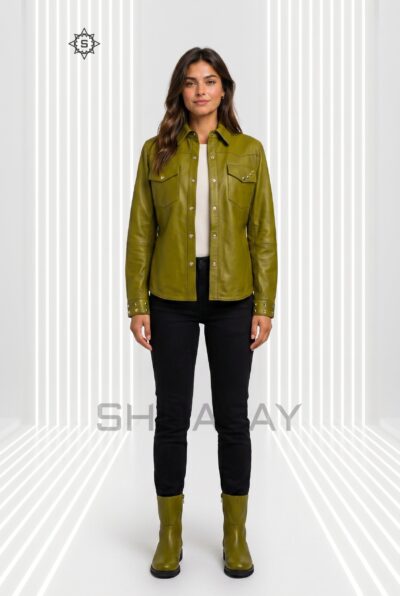 Lustre Studded Leather Shirt Women Army Green Front