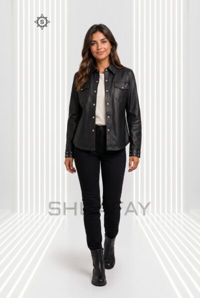 Lustre Studded Leather Shirt Women Black Front
