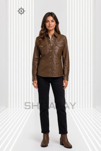 Lustre studded leather shirt for women in Dark Brown, front view