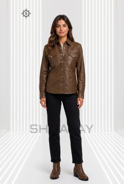 Lustre Studded Leather Shirt Women Brown Front