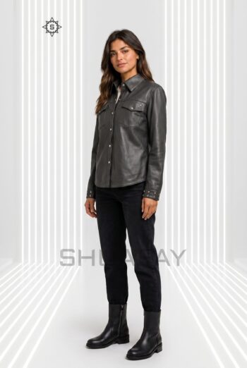 Lustre studded leather shirt for women in Charcoal Gray, front view