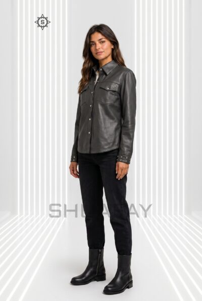 Lustre Studded Leather Shirt Women Grey Front