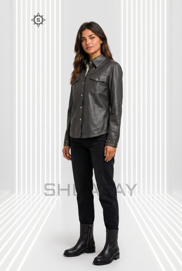 Lustre Studded Leather Shirt Women Grey Front