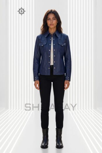 Lustre studded leather shirt for women in Navy Blue, front view