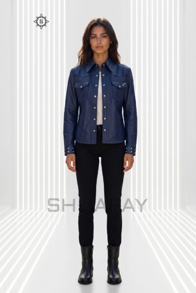 Lustre Studded Leather Shirt Women Navy Front