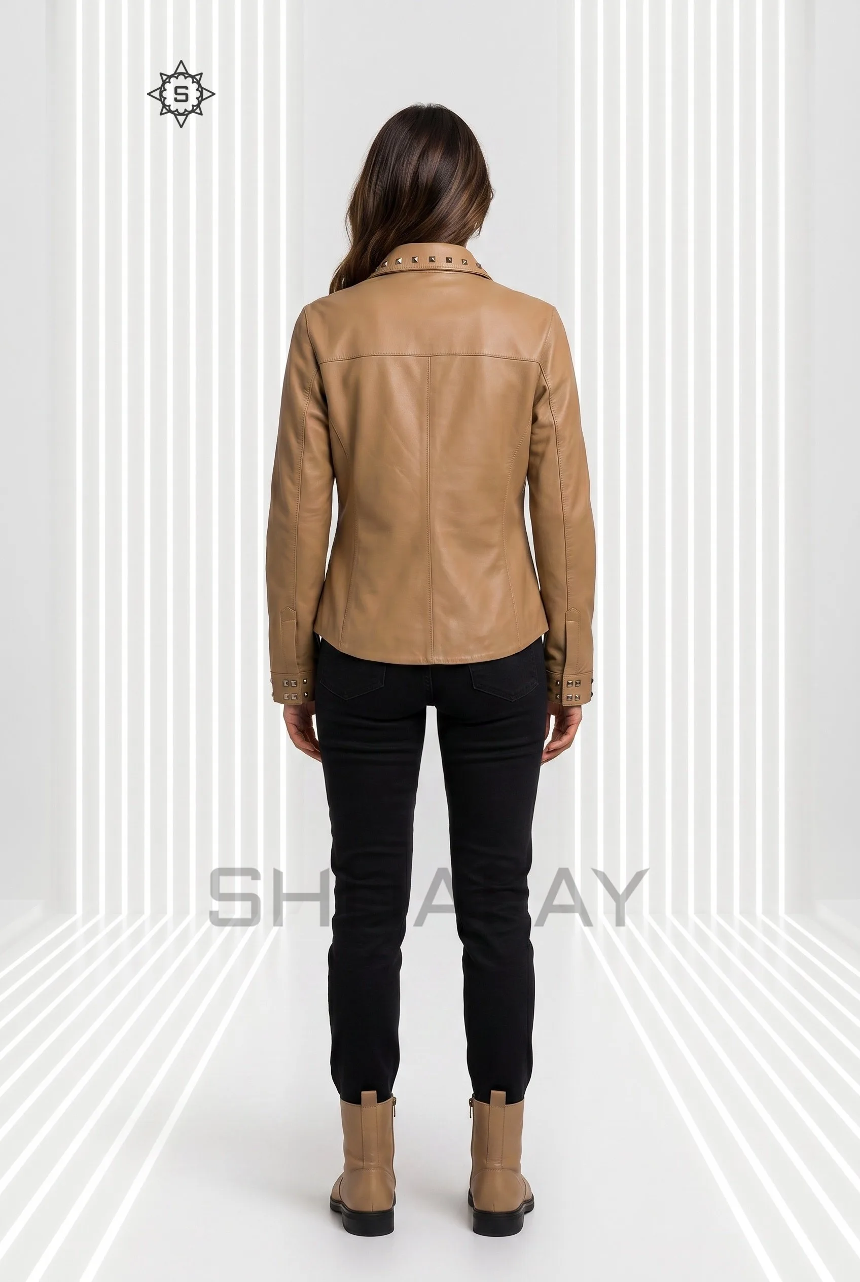 Lustre Studded Leather Shirt Women Tan Back