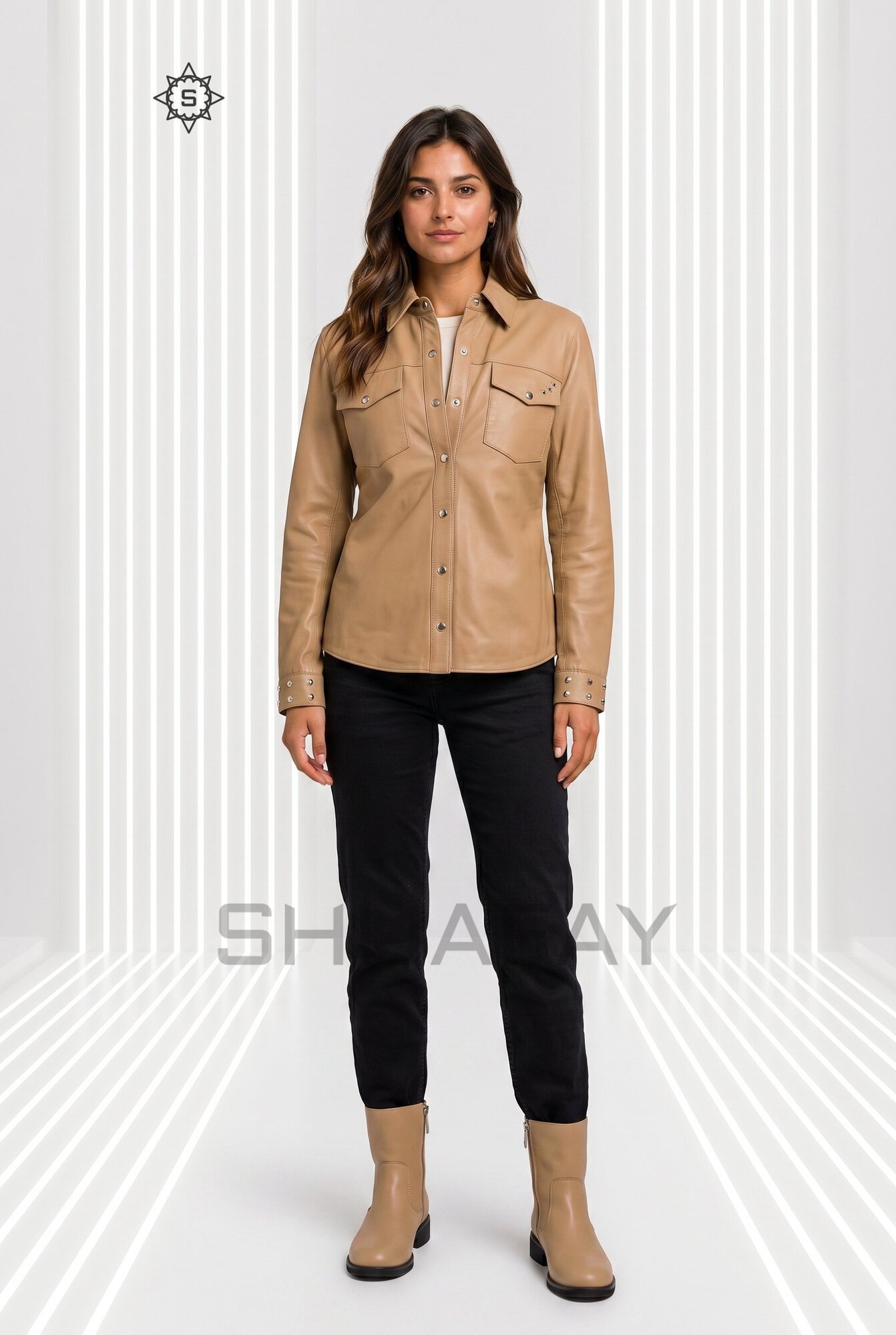 Lustre Studded Leather Shirt Women Tan Front