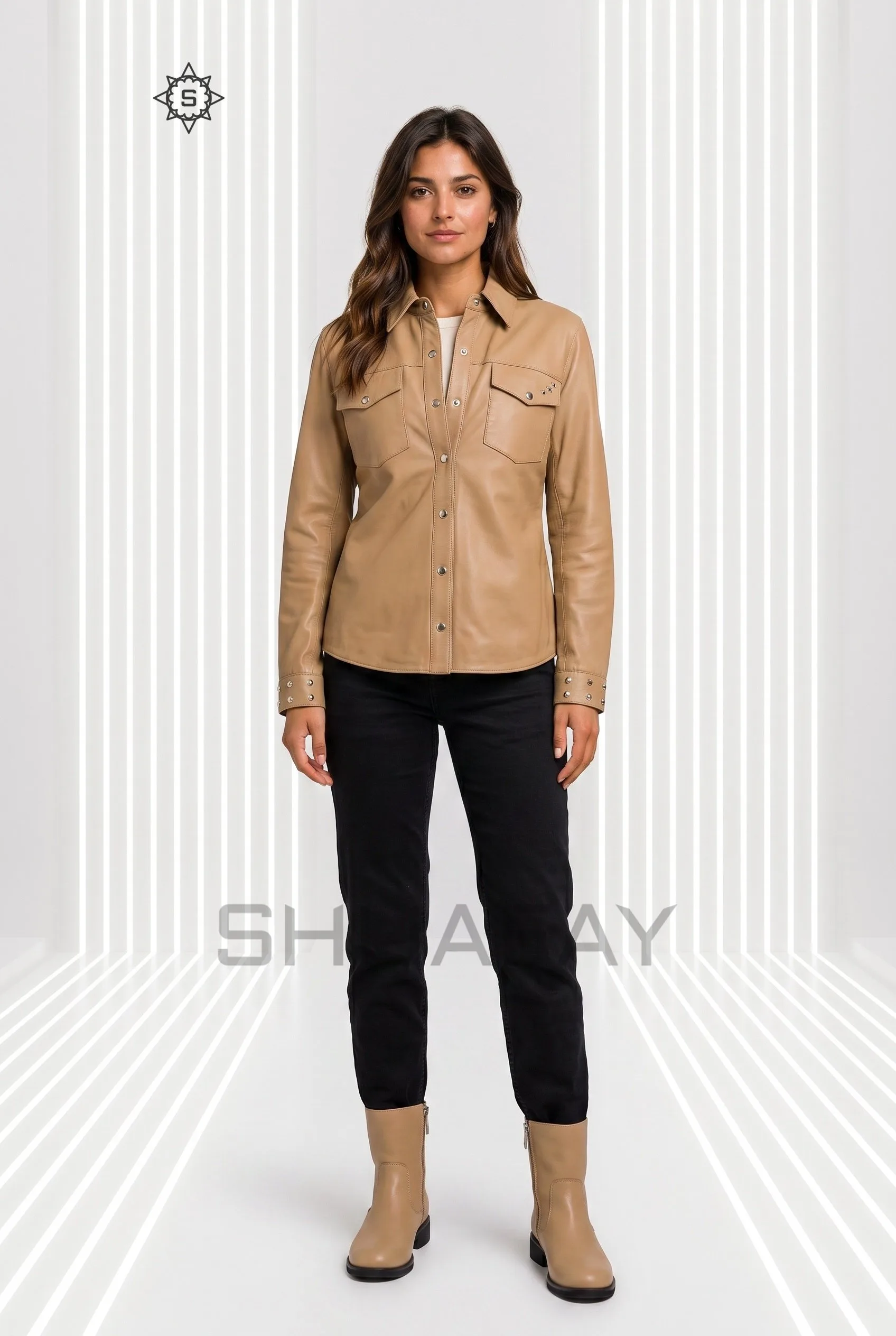 Lustre studded leather shirt for women in Tan, front view