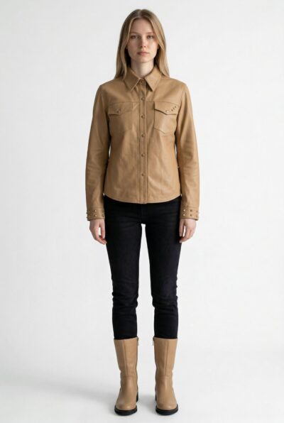 Lustre Leather Shirt Women Tan Front