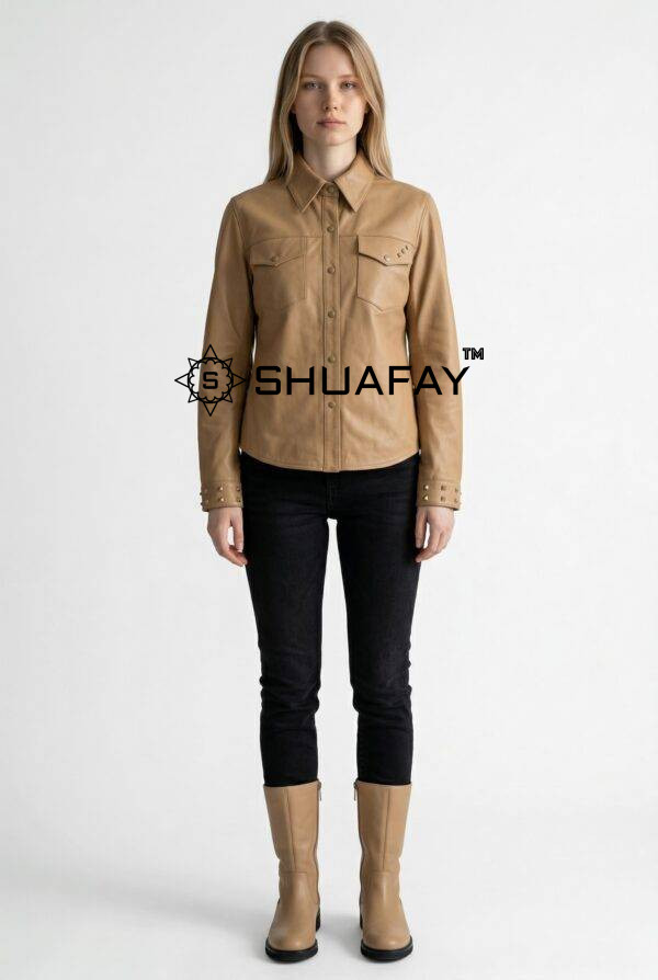 Lustre Leather Shirt Women Tan Front