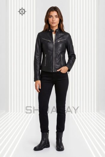 Sheepskin Elegance leather jacket for women in black, front view