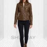 Sheepskin Elegance leather jacket for women in dark brown, front view