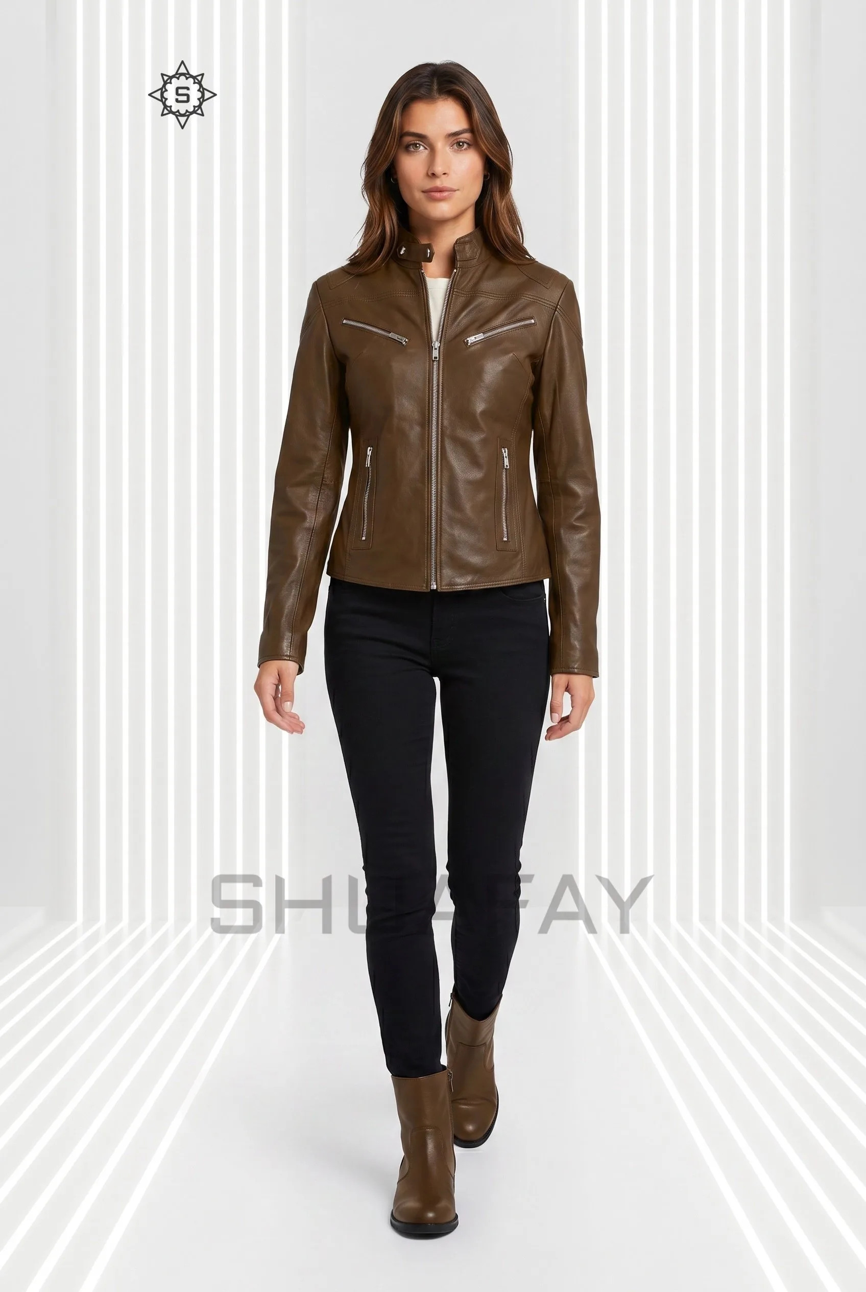Sheepskin Elegance leather jacket for women in dark brown, front view