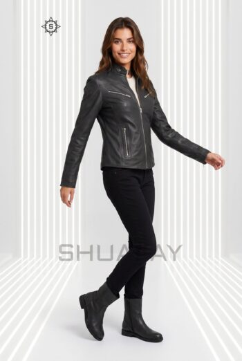 Sheepskin Elegance leather jacket for women in charcoal grey, front view