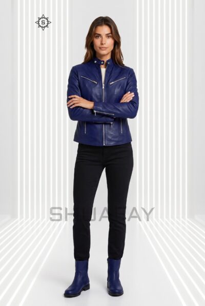 Sheepskin Elegance Leather Jacket Women Navy Blue Front