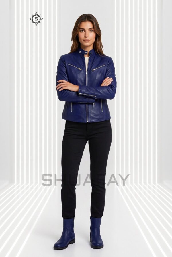 Sheepskin Elegance Leather Jacket Women Navy Blue Front