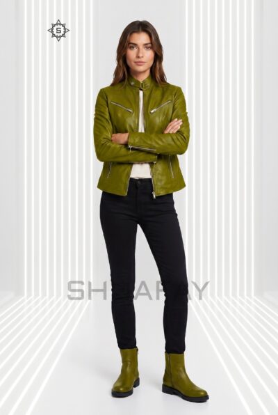 Sheepskin Elegance Leather Jacket Women Olive Green Front