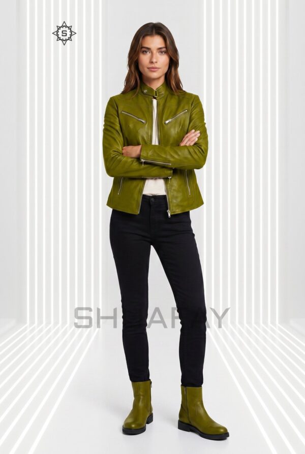 Sheepskin Elegance Leather Jacket Women Olive Green Front