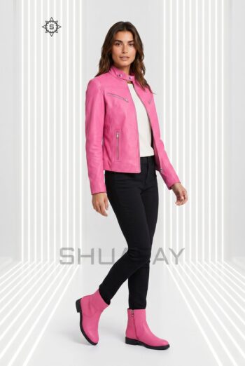 Sheepskin Elegance leather jacket for women in pink, front view