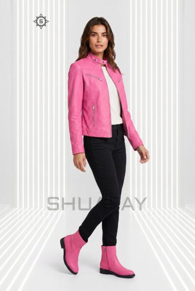 Sheepskin Elegance Leather Jacket Women Pink Front