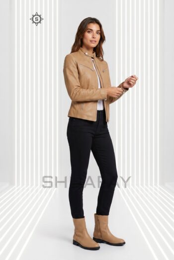 Sheepskin Elegance leather jacket for women in tan, front view