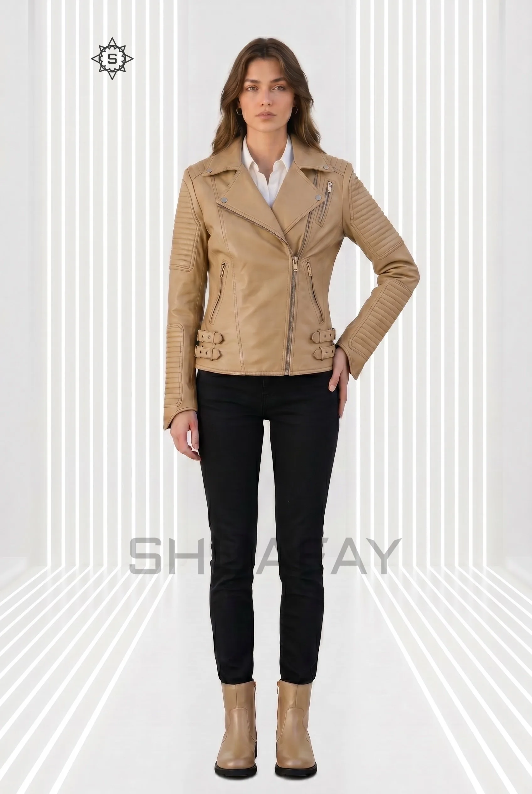 Strato Shear Leather Jacket Women Tan Front