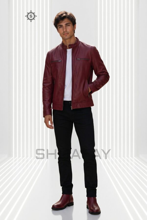 Swift Guard men’s leather biker jacket in Burgundy, front view