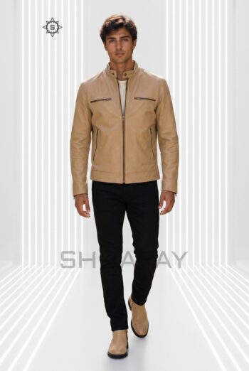 Swift Guard men’s leather biker jacket in Tan, front view