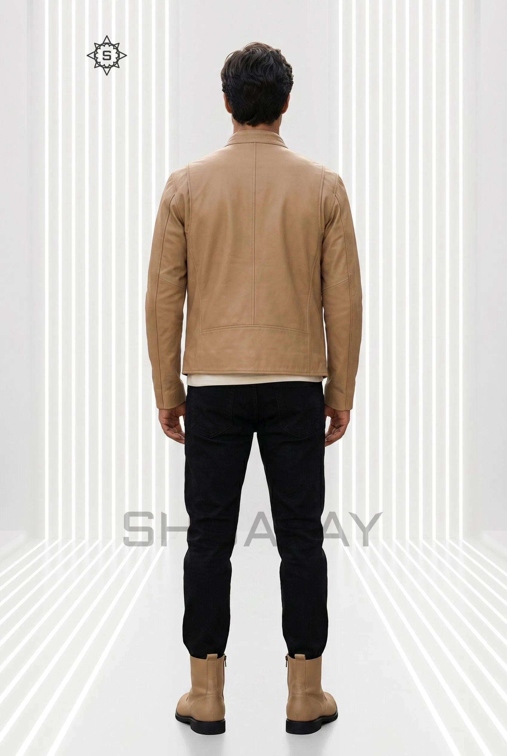 Swift Guard men’s leather biker jacket in Tan, back view