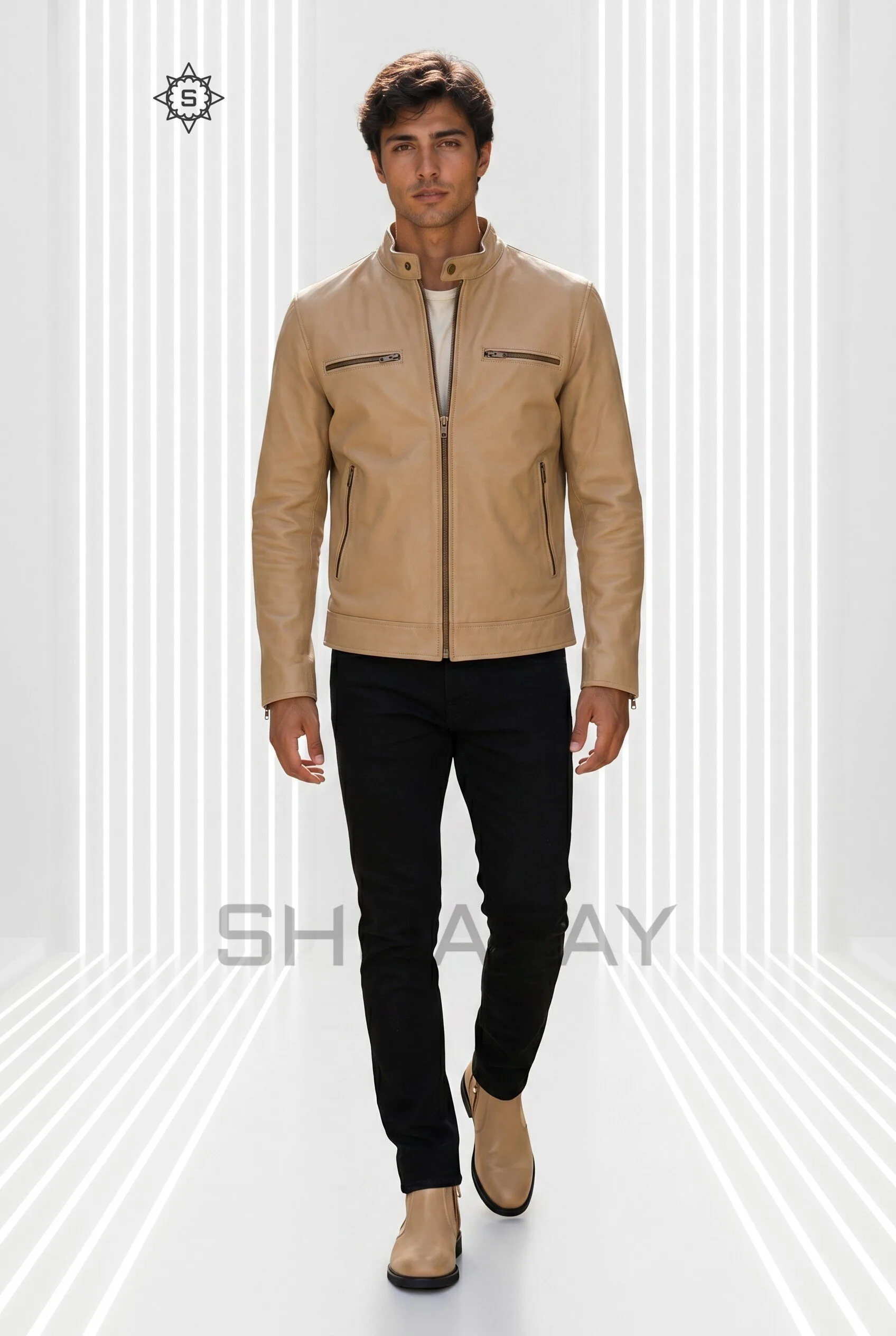 Swift Guard men’s leather biker jacket in Tan, front view