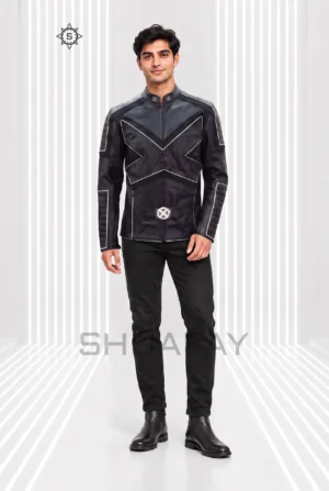 Black Frost Line Jacket front view showing angular contrast piping, a stand collar and circular waist hardware.