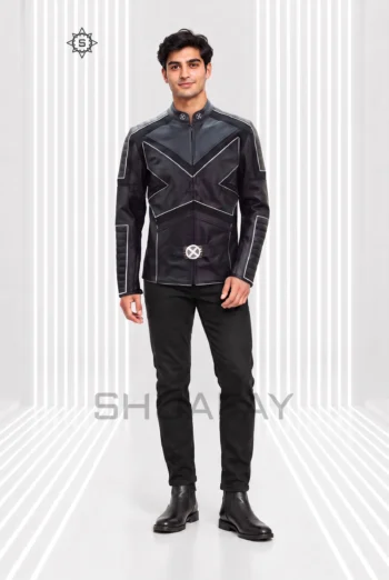 Black Frost Line Jacket front view showing angular contrast piping, a stand collar and circular waist hardware.