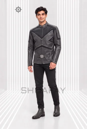 Charcoal Gray Frost Line Jacket front view showing angular contrast piping, a stand collar and circular waist hardware.