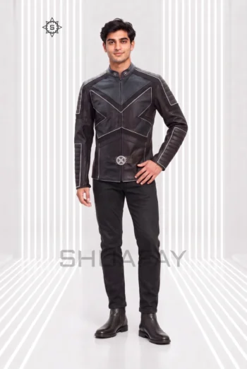 Dark Brown Frost Line Jacket front view showing angular contrast piping, a stand collar and circular waist hardware.