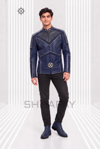 Navy Blue Frost Line Jacket front view showing angular contrast piping, a stand collar and circular waist hardware.