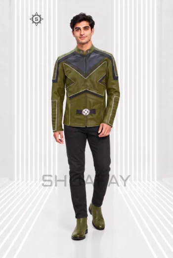 Olive Green Frost Line Jacket front view showing angular contrast piping, a stand collar and circular waist hardware.
