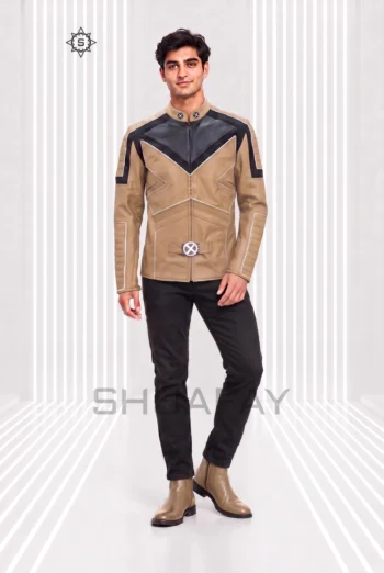 Tan Frost Line Jacket front view showing angular contrast piping, a stand collar and circular waist hardware.