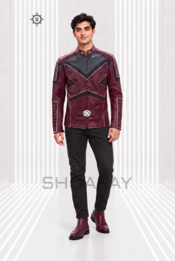 Burgundy Frost Line Jacket front view showing angular contrast piping, a stand collar and circular waist hardware.