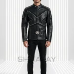 Black Frost Line Jacket front view showing angular contrast piping, a stand collar, segmented sleeves and circular waist hardware.