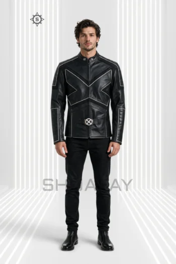 Black Frost Line Jacket front view showing angular contrast piping, a stand collar, segmented sleeves and circular waist hardware.