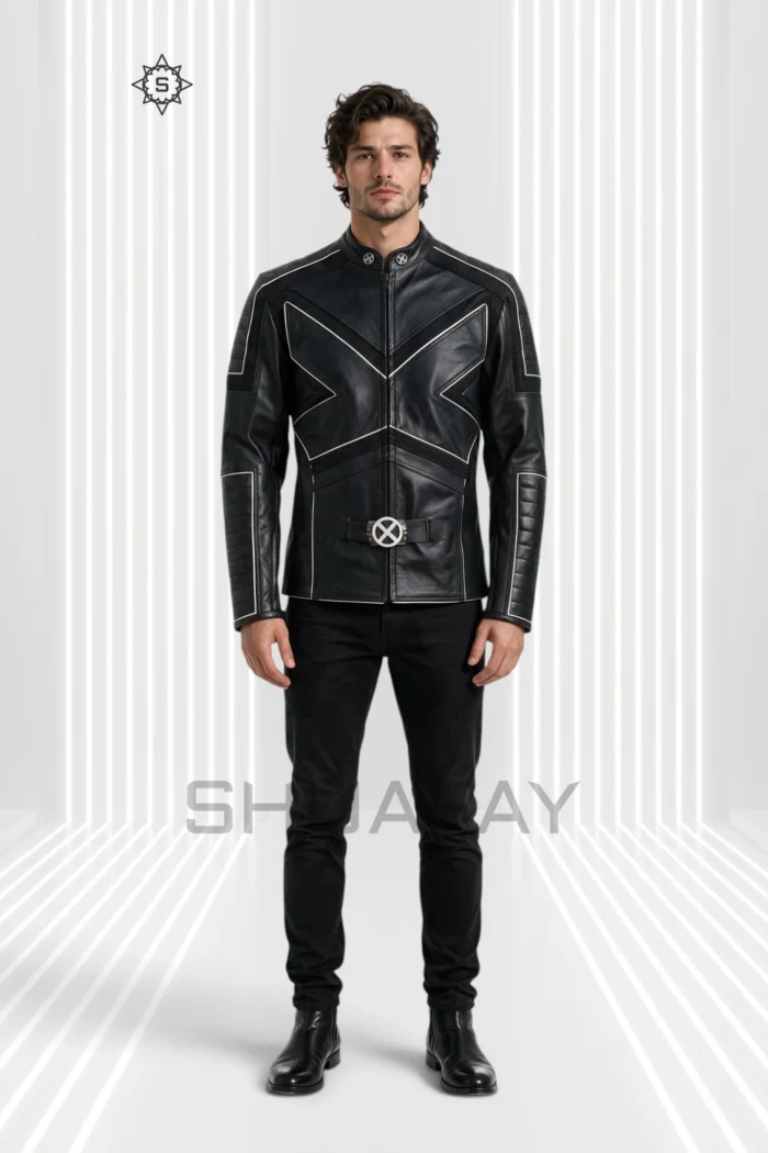Black Frost Line Jacket front view showing angular contrast piping, a stand collar, segmented sleeves and circular waist hardware.