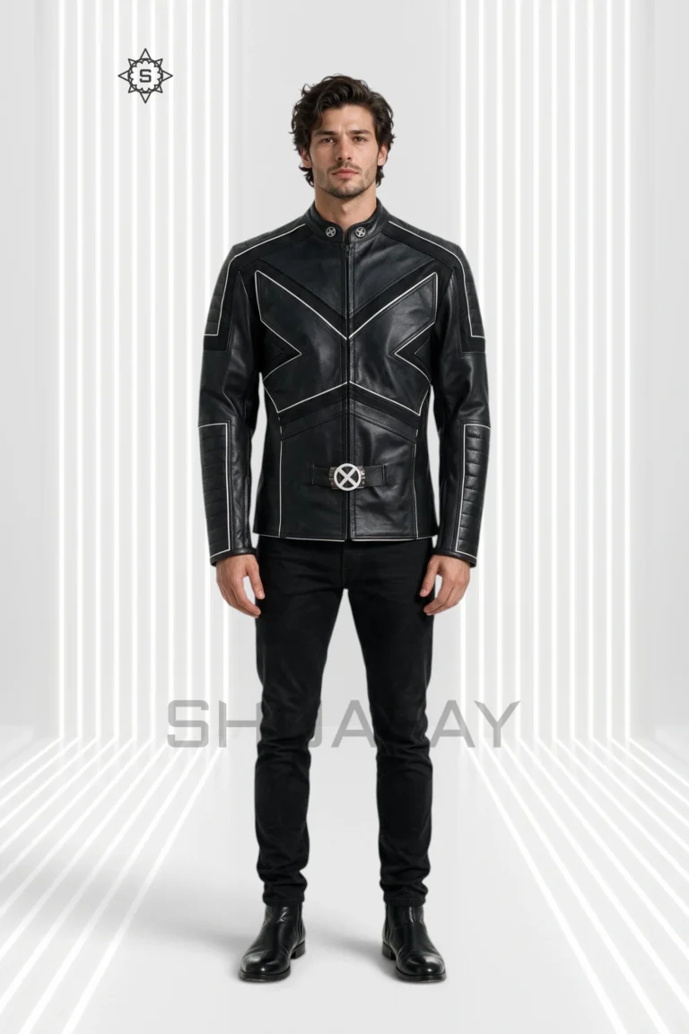 Black Frost Line Jacket front view showing angular contrast piping, a stand collar, segmented sleeves and circular waist hardware.