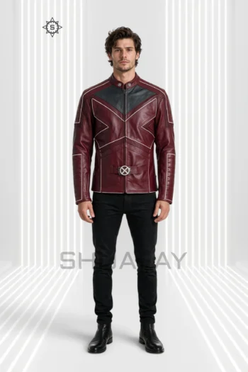 Burgundy Frost Line Jacket front view showing angular contrast piping, a stand collar, segmented sleeves and circular waist hardware.