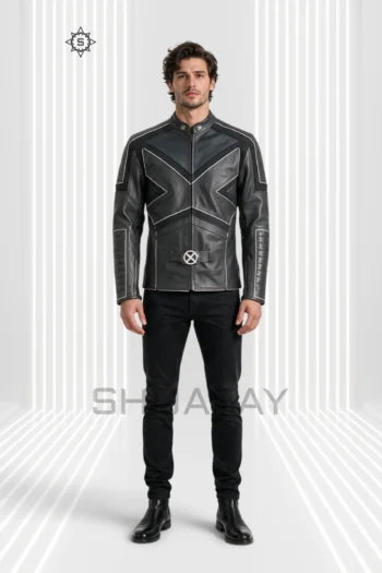 Charcoal Gray Frost Line Jacket front view showing angular contrast piping, a stand collar, segmented sleeves and circular waist hardware.